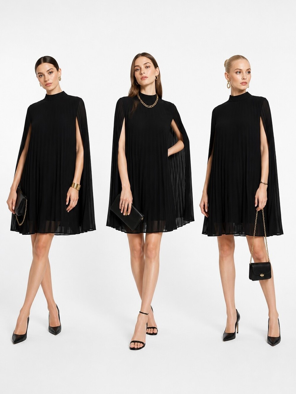 Ekaliy Mock Neck Pleated Crepe Cloak Mini Dress Size XL